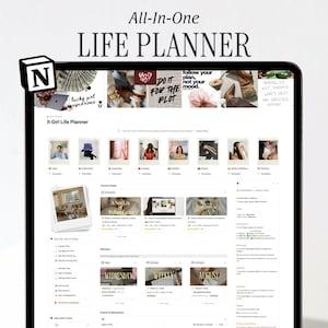 May include: A digital life planner template displayed on a screen, featuring the title All-In-One LIFE PLANNER and the text YOUR ENTIRE LIFE. ONE SYSTEM. The interface includes sections for goals, daily habits, planners, and a personal assistant.