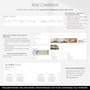 May include: A digital fitness tracker interface featuring sections for weight targets, daily workout schedules with exercise thumbnails, and a running log. The layout includes text headers like Stay Consistent, Weight Targets, Today's Workout, and Running Log.