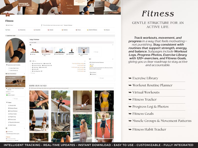 Peut inclure: Une page web intitul&eacute;e &laquo; Fitness &raquo; avec un design &eacute;pur&eacute; et minimaliste. La page pr&eacute;sente des images de personnes faisant de l'exercice, ainsi que du texte d&eacute;crivant le suivi des entra&icirc;nements, les routines et les objectifs. La page comprend des sections pour la biblioth&egrave;que d'exercices, le planificateur d'entra&icirc;nement et le suivi de la condition physique.