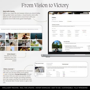 以下が含まれることがあります： ノートパソコンの画面に表示された「From Vision to Victory」というタイトルのデジタルプランニングテンプレート。ライフスタイル画像を含むビジョンボード、ライフバランス評価、プロンプトジェネレーター付きのビジョンジャーナルセクションで構成されています。