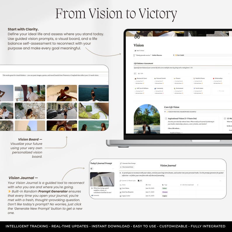 以下が含まれることがあります： ノートパソコンの画面に表示された「From Vision to Victory」というタイトルのデジタルプランニングテンプレート。ライフスタイル画像を含むビジョンボード、ライフバランス評価、プロンプトジェネレーター付きのビジョンジャーナルセクションで構成されています。