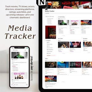 Notion Media Tracker Template, Movie & TV Show Release Calendar, Watchlist Organizer, Streaming and Entertainment Planner, Film Journal
