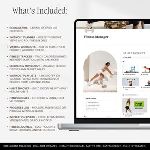 May include: A laptop screen displaying a Fitness Manager digital dashboard with a list of features including an Exercise Hub, Workout Planner, Virtual Workouts, Fitness Tracker, Muscles & Movement, Workout Playlists, Habit Tracker, and Fitness Goals.
