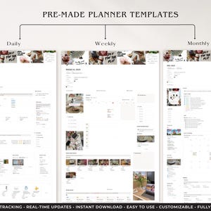 Peut inclure: Mod&egrave;les de planificateur num&eacute;rique avec des mises en page quotidiennes, hebdomadaires et mensuelles. Le planificateur comprend des sections pour le suivi, les mises &agrave; jour et les t&eacute;l&eacute;chargements. Le texte en haut indique "PRE-MADE PLANNER TEMPLATES". Le texte en bas indique "INTELLIGENT TRACKING - REAL-TIME UPDATES - INSTANT DOWNLOAD - EASY TO USE - CUSTOMIZABLE - FULLY INTEGRATED".
