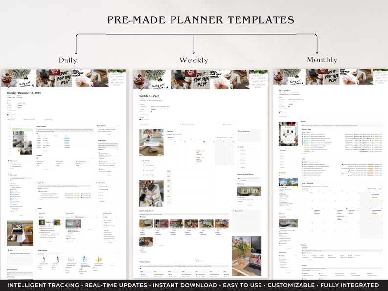 Peut inclure: Mod&egrave;les de planificateur num&eacute;rique avec des mises en page quotidiennes, hebdomadaires et mensuelles. Le planificateur comprend des sections pour le suivi, les mises &agrave; jour et les t&eacute;l&eacute;chargements. Le texte en haut indique "PRE-MADE PLANNER TEMPLATES". Le texte en bas indique "INTELLIGENT TRACKING - REAL-TIME UPDATES - INSTANT DOWNLOAD - EASY TO USE - CUSTOMIZABLE - FULLY INTEGRATED".