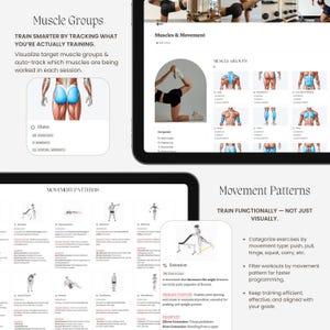 May include: A digital fitness tracking interface displayed on screens, featuring sections titled Muscle Groups and Movement Patterns. The layout includes anatomical diagrams highlighting glutes, text descriptions of exercise types, and navigation menus for workout planning and progress tracking.