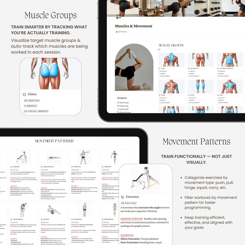 May include: A digital fitness tracking interface displayed on screens, featuring sections titled Muscle Groups and Movement Patterns. The layout includes anatomical diagrams highlighting glutes, text descriptions of exercise types, and navigation menus for workout planning and progress tracking.