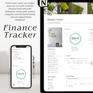 Puede incluir: Un panel de seguimiento financiero digital mostrado en la pantalla de una tableta y un teléfono inteligente. La interfaz incluye secciones para patrimonio neto, ingresos, gastos y acciones rápidas, con texto como Finance Tracker.