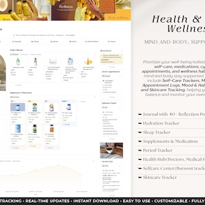 Peut inclure: Interface num&eacute;rique pour la sant&eacute; et le bien-&ecirc;tre, avec une mise en page claire et des sections pour le suivi des soins personnels, des m&eacute;dicaments et des habitudes. Il comprend des trackers d'hydratation, de sommeil et de soins de la peau, avec le texte "Health & Wellness".