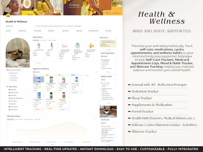 Peut inclure: Interface num&eacute;rique pour la sant&eacute; et le bien-&ecirc;tre, avec une mise en page claire et des sections pour le suivi des soins personnels, des m&eacute;dicaments et des habitudes. Il comprend des trackers d'hydratation, de sommeil et de soins de la peau, avec le texte "Health & Wellness".