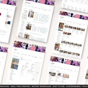Peut inclure: Plusieurs pages blanches d'un planificateur num&eacute;rique pr&eacute;sentent des mises en page pour les routines quotidiennes, les t&acirc;ches et les projets. Chaque page comporte un en-t&ecirc;te avec un design violet et rose. Le bas de l'image contient le texte : INTELLIGENT TRACKING - REAL-TIME UPDATES - INSTANT DOWNLOAD - EASY TO USE - CUSTOMIZABLE - FULLY INTEGRATED.