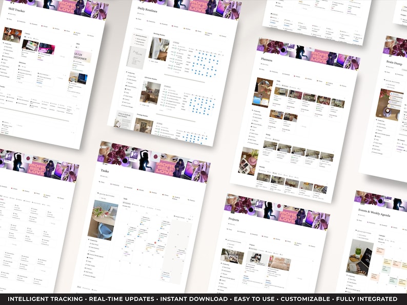 Peut inclure: Plusieurs pages blanches d'un planificateur num&eacute;rique pr&eacute;sentent des mises en page pour les routines quotidiennes, les t&acirc;ches et les projets. Chaque page comporte un en-t&ecirc;te avec un design violet et rose. Le bas de l'image contient le texte : INTELLIGENT TRACKING - REAL-TIME UPDATES - INSTANT DOWNLOAD - EASY TO USE - CUSTOMIZABLE - FULLY INTEGRATED.