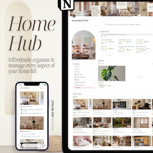 Puede incluir: Una aplicación digital de organización del hogar que se muestra en una tableta y un teléfono inteligente. La interfaz de la aplicación presenta diseños de habitaciones, listas de tareas y el texto "Home Hub". La aplicación promete una organización y gestión sin esfuerzo de la vida doméstica.