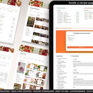 Peut inclure: Une page de recette num&eacute;rique affich&eacute;e sur une tablette, avec plusieurs pages de recettes en arri&egrave;re-plan. L'&eacute;cran de la tablette affiche une recette avec des ingr&eacute;dients et des instructions. Le texte "Inside a recipe page" est en haut. Le texte du bas indique "INTELLIGENT TRACKING...FULLY INTEGRATED".