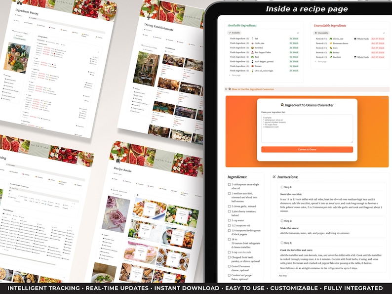 Peut inclure: Une page de recette num&eacute;rique affich&eacute;e sur une tablette, avec plusieurs pages de recettes en arri&egrave;re-plan. L'&eacute;cran de la tablette affiche une recette avec des ingr&eacute;dients et des instructions. Le texte "Inside a recipe page" est en haut. Le texte du bas indique "INTELLIGENT TRACKING...FULLY INTEGRATED".