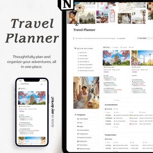 May include: A digital travel planner displayed on a tablet and smartphone. The tablet shows a detailed itinerary with photos, while the phone displays a similar interface. Text includes "Travel Planner" and "Access on any device!"