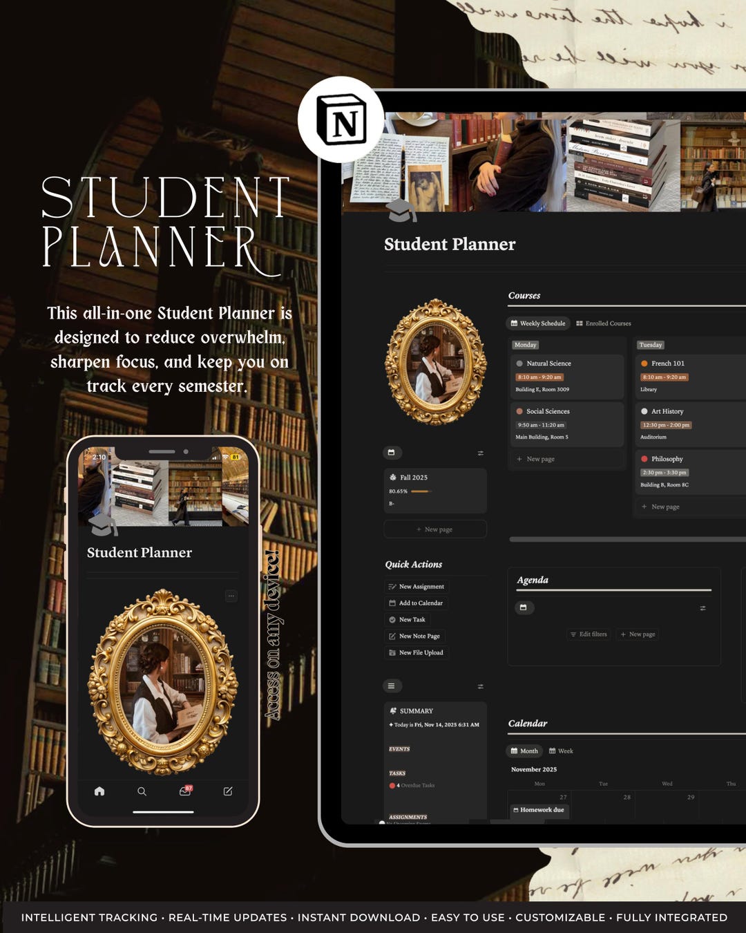 Dark Academia Notion Student Planner Template, College Study Dashboard ...