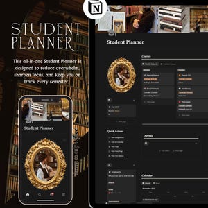 Dark Academia Notion Student Planner Template, College Study Dashboard (Digital Download)