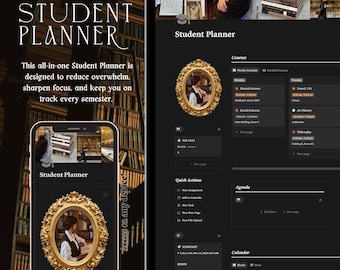Dark Academia Notion Student Planner Template, College Study Dashboard (Digital Download)