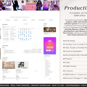 Peut inclure: Interface de planificateur de productivit&eacute; num&eacute;rique avec un design &eacute;pur&eacute; et minimaliste. L'interface comprend des sections pour les routines quotidiennes, les t&acirc;ches &agrave; venir et la gestion de projet. Le texte "Productivit&eacute;" est affich&eacute; en &eacute;vidence, avec des fonctionnalit&eacute;s telles que "Brain Dump" et "Habit Tracker".