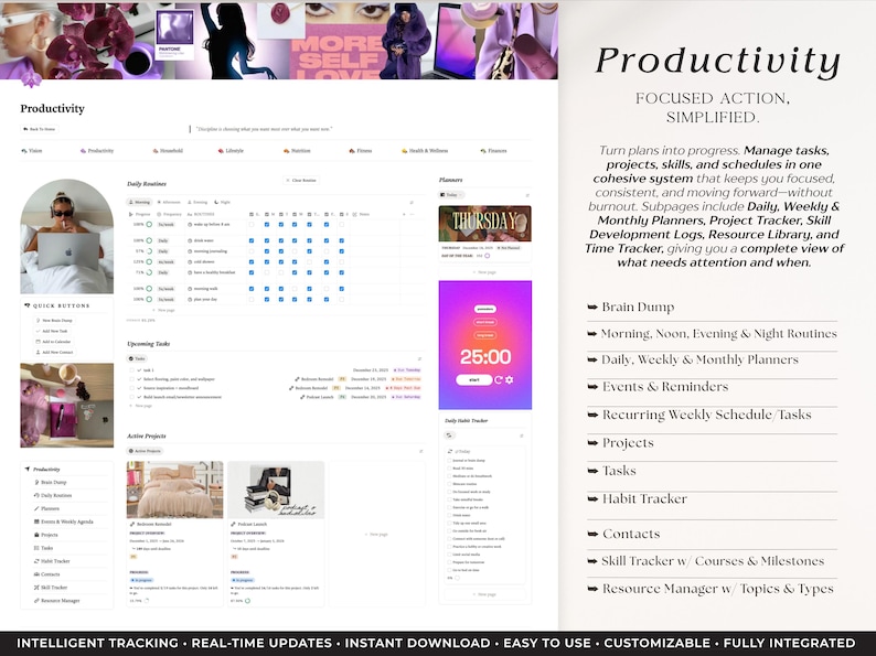 Peut inclure: Interface de planificateur de productivit&eacute; num&eacute;rique avec un design &eacute;pur&eacute; et minimaliste. L'interface comprend des sections pour les routines quotidiennes, les t&acirc;ches &agrave; venir et la gestion de projet. Le texte "Productivit&eacute;" est affich&eacute; en &eacute;vidence, avec des fonctionnalit&eacute;s telles que "Brain Dump" et "Habit Tracker".