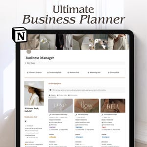 May include: A digital business planner template for Notion displayed on a tablet screen. The interface features sections for clients, projects, productivity, marketing, and finance. It includes a dashboard with active project cards, status bars, and task lists for service providers.
