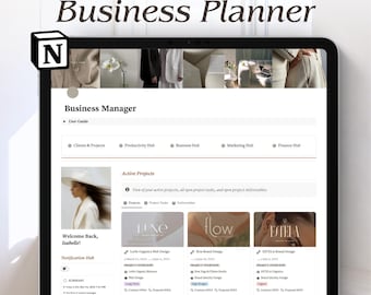 May include: A digital business planner template for Notion displayed on a tablet screen. The interface features sections for clients, projects, productivity, marketing, and finance. It includes a dashboard with active project cards, status bars, and task lists for service providers.