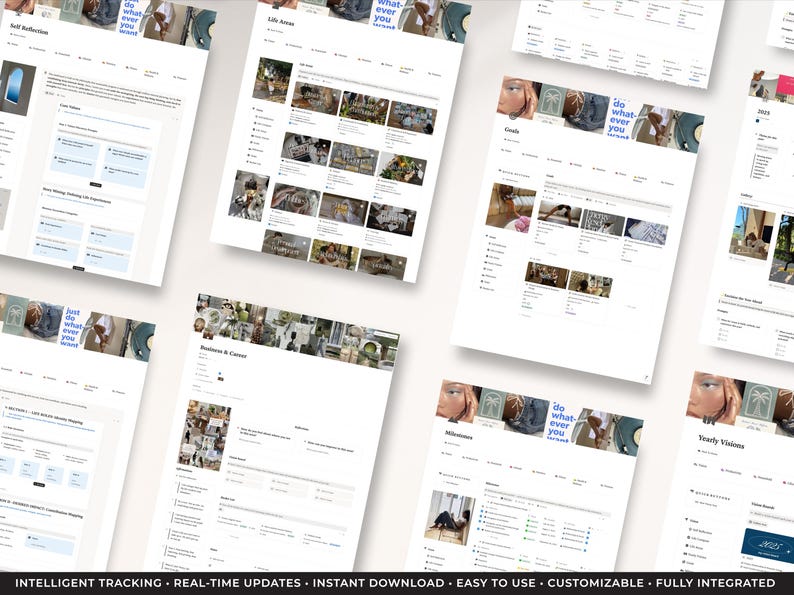 Peut inclure: Plusieurs pages web blanches pr&eacute;sentent divers contenus, notamment des images et du texte. Les pages sont inclin&eacute;es, cr&eacute;ant une composition dynamique. La phrase "do what ever you want" est visible. Le bas de l'image comprend le texte: "INTELLIGENT TRACKING - REAL-TIME UPDATES - INSTANT DOWNLOAD - EASY TO USE - CUSTOMIZABLE - FULLY INTEGRATED."