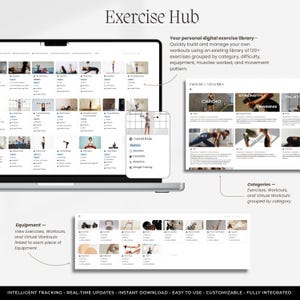 May include: A digital exercise hub displayed on a laptop screen and separate panels, featuring a library of 120+ exercises, workout categories, and equipment lists. The interface includes text labels for cardio, strength, HIIT, yoga, and pilates.