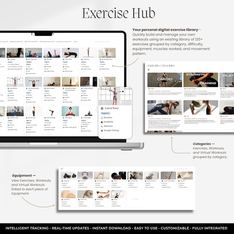 May include: A digital exercise hub displayed on a laptop screen and separate panels, featuring a library of 120+ exercises, workout categories, and equipment lists. The interface includes text labels for cardio, strength, HIIT, yoga, and pilates.