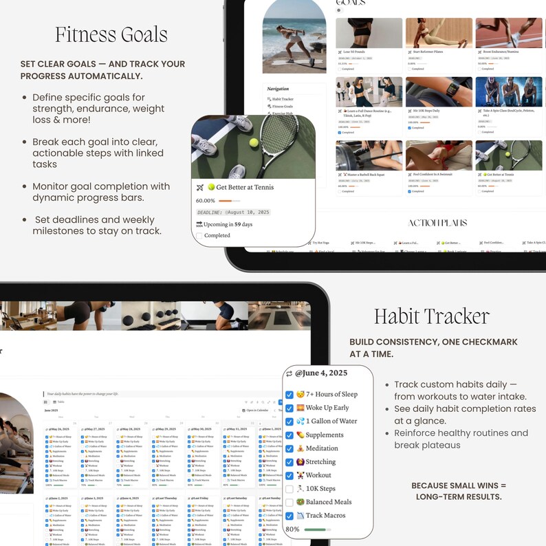 May include: A digital fitness planner interface displayed on a screen, featuring a Fitness Goals section with progress bars and a Habit Tracker with daily checklists. The layout includes text, icons, and images of people exercising, with specific labels like Get Better at Tennis and June 4, 2025, visible in the organized dashboard view.
