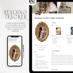 May include: A digital reading tracker app displayed on a tablet and smartphone. The app features a gold-framed image of a bust and text that reads "Reading Tracker | Light Academia." The app's interface includes reading logs and quick button options.