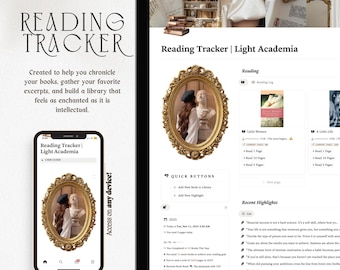 Op de afbeelding: Een digitale leestracker-app weergegeven op een tablet en smartphone. De app toont een goudomrand beeld van een buste en de tekst "Reading Tracker | Light Academia". De interface van de app bevat leeslogboeken en snelle knopopties.