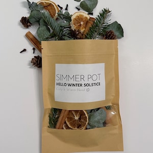 May include: A brown paper bag labeled "Simmer Pot" with the text "Hello Winter Solstice Cozy & Warm Blend." The bag contains dried orange slices, cinnamon sticks, pine cones, and sprigs of greenery. The contents are visible through a clear window.