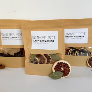 May include: Three brown paper bags labeled "Simmer Pot" with different blends. One says "I'll Bring Coffee Cake," another "Sunny Days Ahead," and the third "Time for a Refresh." The bags contain dried fruit, spices, and herbs. A cinnamon stick and dried orange slices are visible.