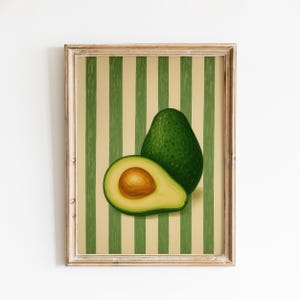 Avocado Kitchen Art – Green Fruit on Vintage Stripes Poster