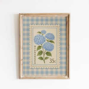 Póster vintage de hortensias con estampado floral botánico azul con cuadros vichy