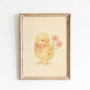 Pastel Chick Nursery Poster – Yellow Baby Bird with Pink Bow and Flowers