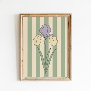 Minimal Iris Flower Print – Vintage Botanical Art on Green Stripe