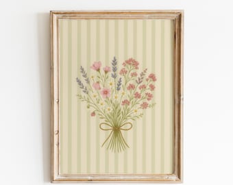 Lavender & Pink Wildflower Print – Soft Green Botanical Poster – Cottagecore Nursery Wall Decor