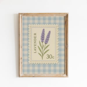 Poster con francobollo di lavanda – Arte murale floreale vintage con motivo a quadretti blu