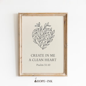 Crea in me un cuore puro – Versetto biblico del Salmo 51:10, stampa artistica da parete minimalista cristiana, poster a forma di cuore ispirato alla fede