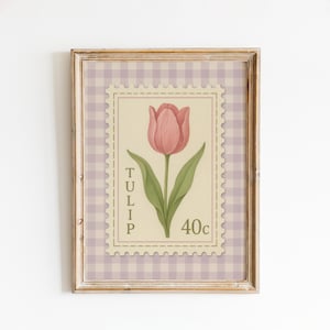 Vintage Tulpen Stempel Poster - Rosa Botanische Wandkunst mit Flieder Vichykaro