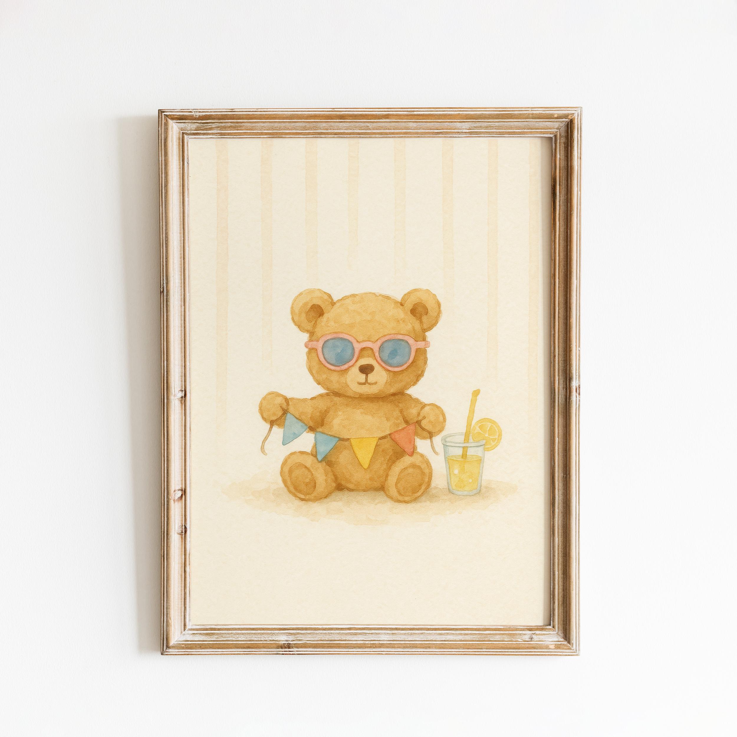 Summer Teddy Bear Nursery Poster – Cute Bear with Sunglasses and Lemonade