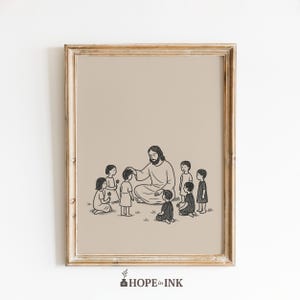 Lasst die kleinen Kinder zu mir kommen – Minimalistische christliche Wandkunst, Jesus und Kinder Linie Zeichnung Poster