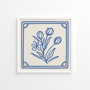 Tulip Flower Blue Line Art - Minimalistisches Keramikfliesen-Poster