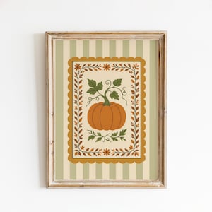 Kürbis-Volkskunst-Poster - Rustikaler Herbst-Ernte-Druck mit grünen Streifen