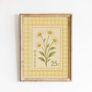 Vintage Gänseblümchen Stempel - Gelbe Botanische Wandkunst mit Gingham Hintergrund