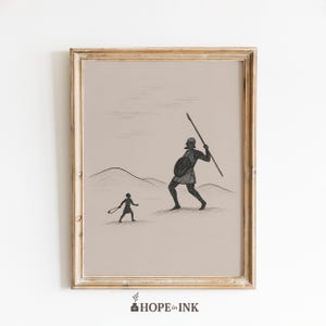 Pôster de Davi e Golias – Arte de parede cristã minimalista, desenho de batalha bíblica, impressão de fé sobre o medo