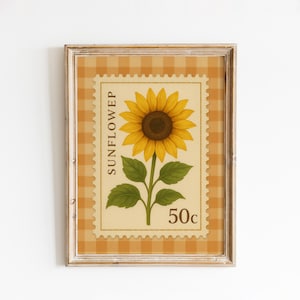 Sonnenblume Stempel Poster - Vintage Blumendekoration mit orangem Vichy-Karo